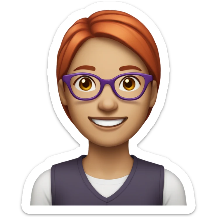 Woman with short, straight, red hair, fair skin, smiling with teeth visible, and wearing round purple glasses sticker
