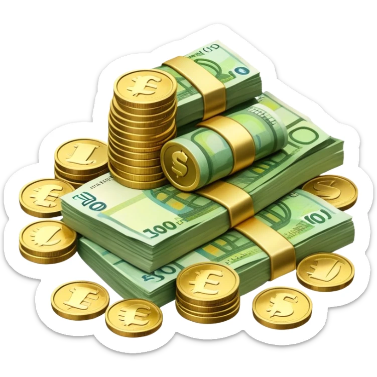 side view of a pile of euro coins and euro bank notes sticker