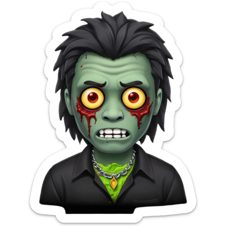 Emoji masculino de zumbi estilo iPhone,com cabelo ondulado mullet e preto, camisa preta e brincos sticker
