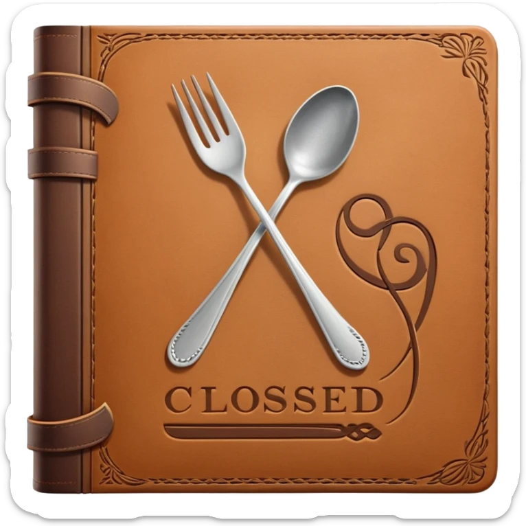 Closed cookbook with a fork and spoon symbol on the cover – collection of recipes sticker