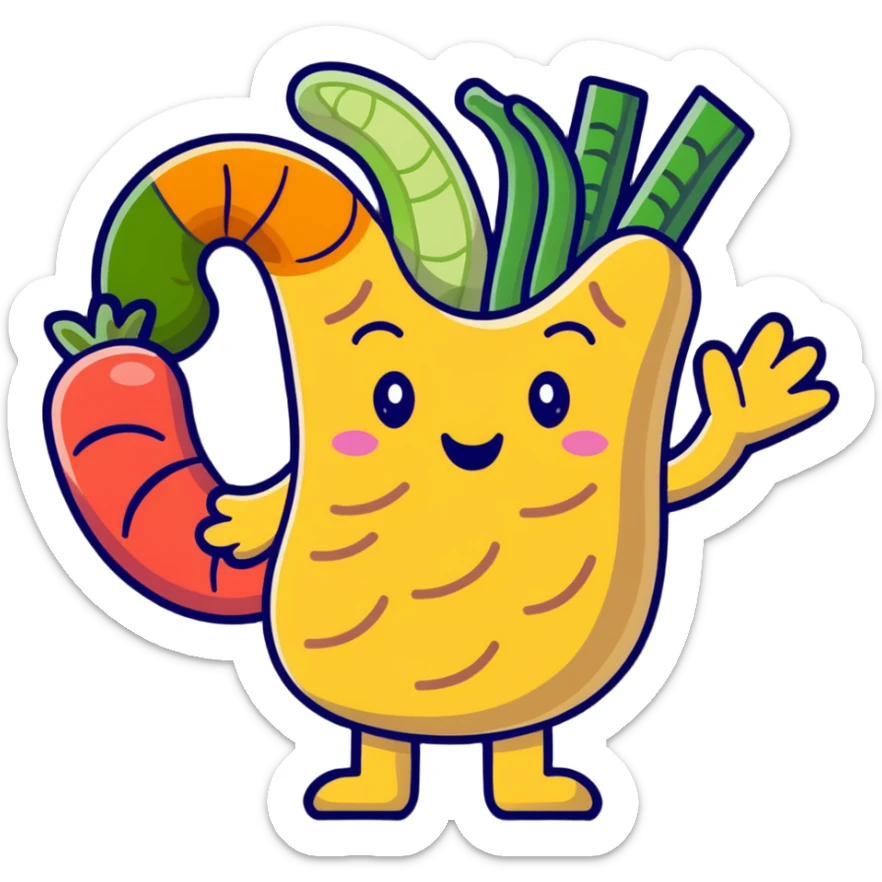 Cute cartoon representation of dietary fiber with happy vegetables, fruits, and whole grains linked by fibrous strands, with a smiling intestine character showing improved digestive health sticker