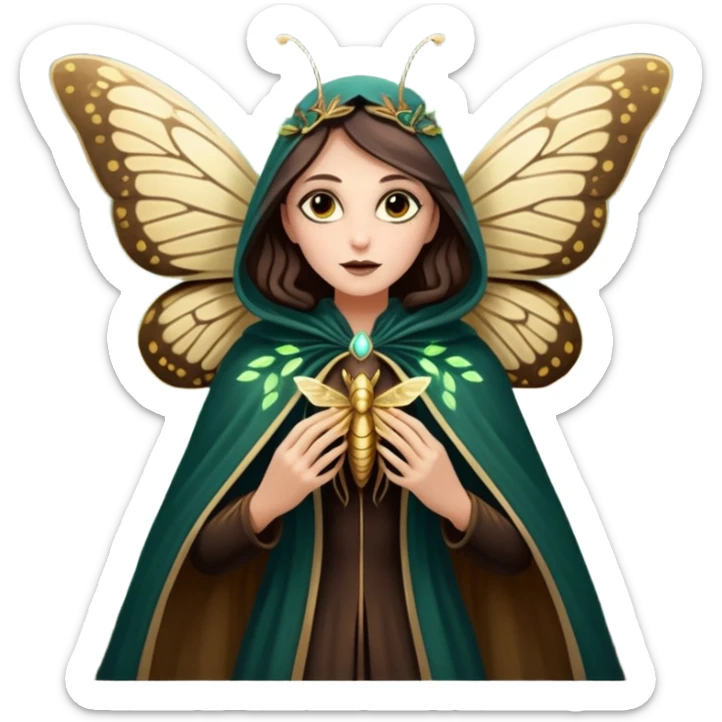 mystical woodland woman dressed as moth queen, velvet wing cloak, glowing dust sticker