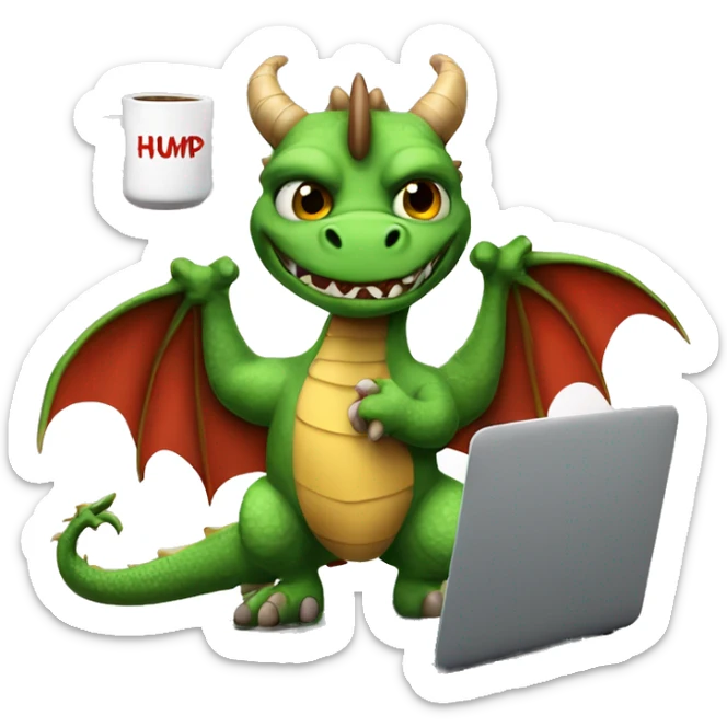 real life dragon with wings, working on a laptop, wearing a shirt with the words hump day on it, with a cup of coffee in his right hand sticker
