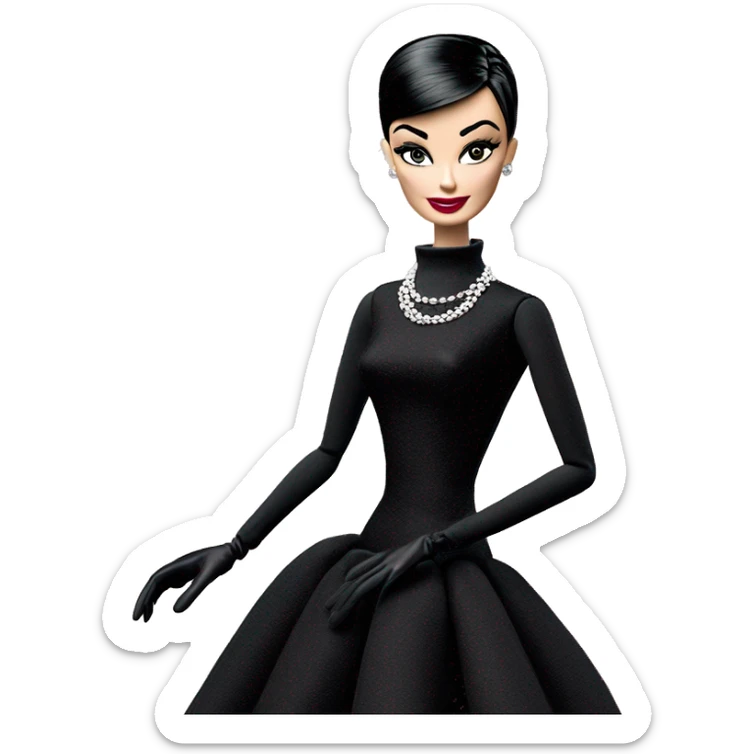 Audrey Hepburn as Sabrina Barbie.Morticia Addams. Show full body. Embroidered long black gown with accessories and gloves  sticker