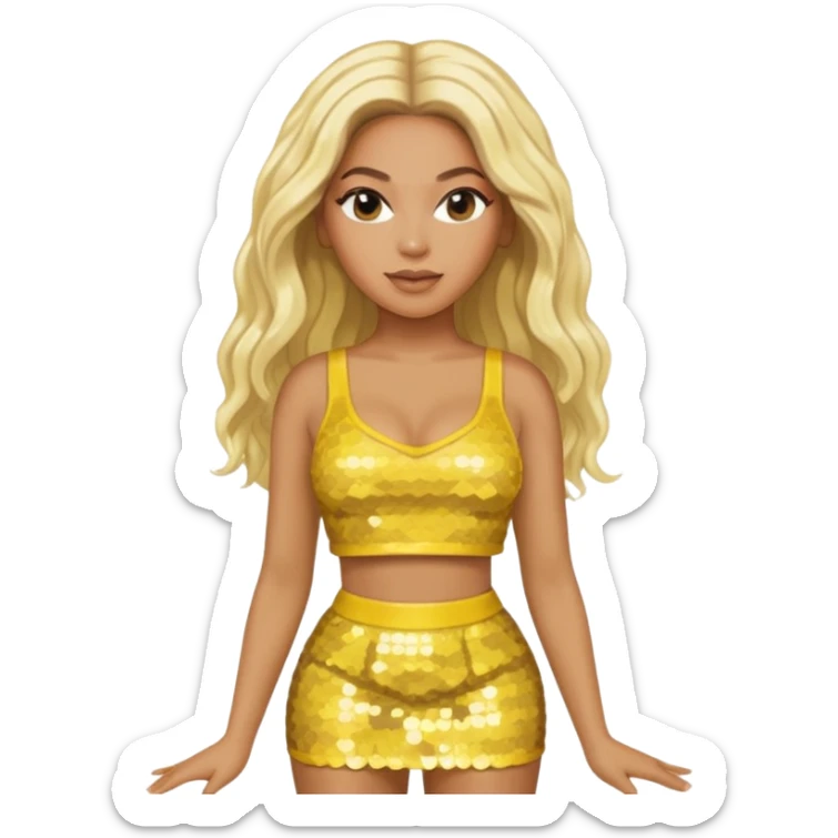 Beyonce with long platinum blonde hair, yellow sequin crop top and skirt sticker