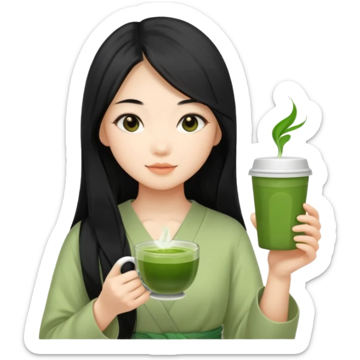 make an asian girl with long hair that loves matcha (in a cup not glasses) sticker