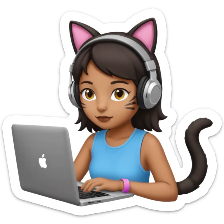 black girl who works remotely through a laptop with cat ear headphones sticker
