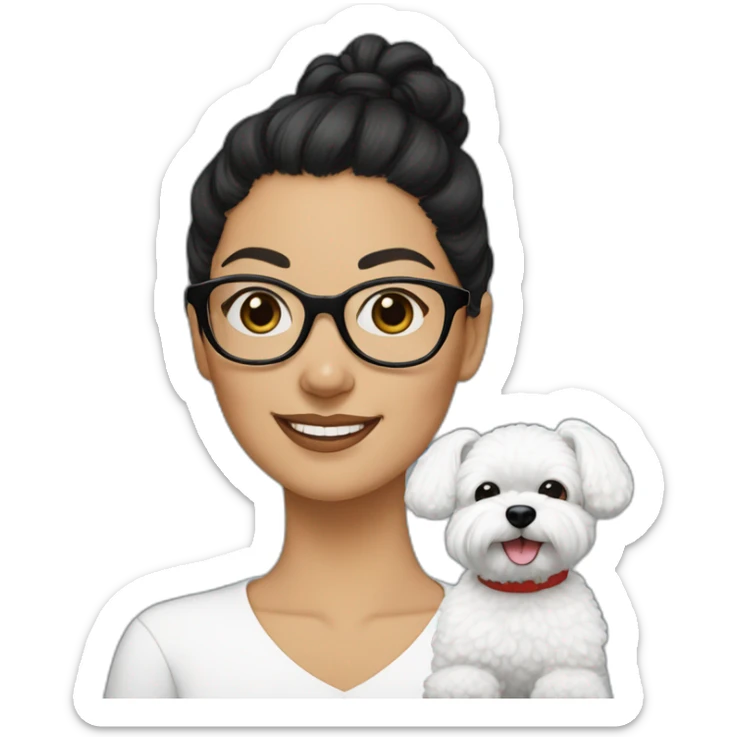 woman-black-hair-bun-with glasses-with bichon dog-white-smile-Christmas sticker