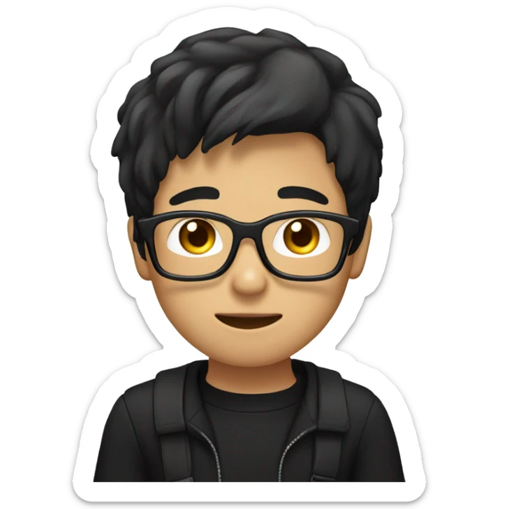 asian boy with glasses, long hair working, wearing black clothes , on his laptop  sticker