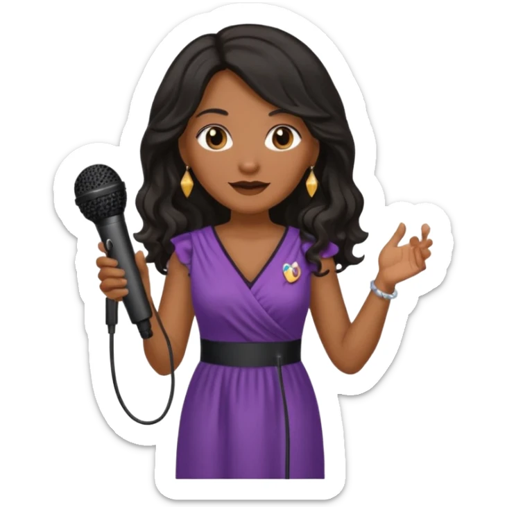 Middle age, long wavy black hair, brown skin, wearing dress, holding mic sticker