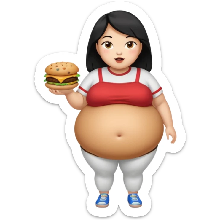 create a humongous asian girl with black hair, with 2 burgers and a cookie in her mouth, she is super obese, please make her a full body emoji, mega huge tummy   sticker