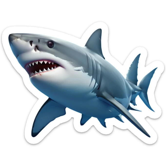 Cinematic Noble Great White Shark Portrait Emoji, Poised and regal, with a robust, torpedo-shaped body, a pointed snout, a gleaming white underbelly contrasting with a slate gray dorsal surface, and piercing, intense eyes scanning deep blue waters, Simplified yet sharp and sophisticated features, highly detailed, glowing with a cool, oceanic luminescence, high shine, intelligent and commanding, stylized with an air of marine authority, focused and vigilant, soft glowing outline, capturing the essence of a watchful and confident predator that appears ready to surge out of the screen with effortless power! sticker