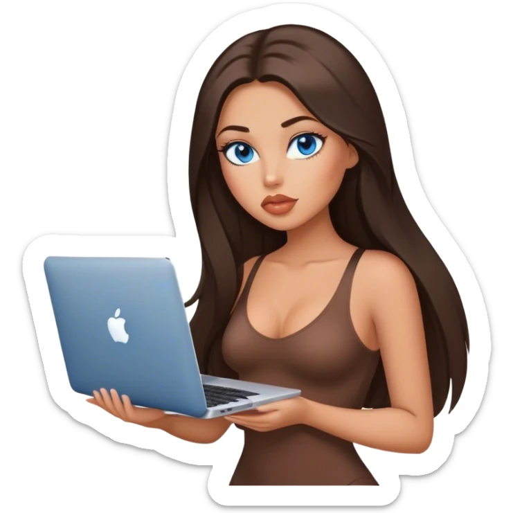 Glamours tanned very beautiful girl with big pump peach lips and dark chocolate straight smooth long hair, blue eyes in brown/beige bodysuit with MacBook sticker