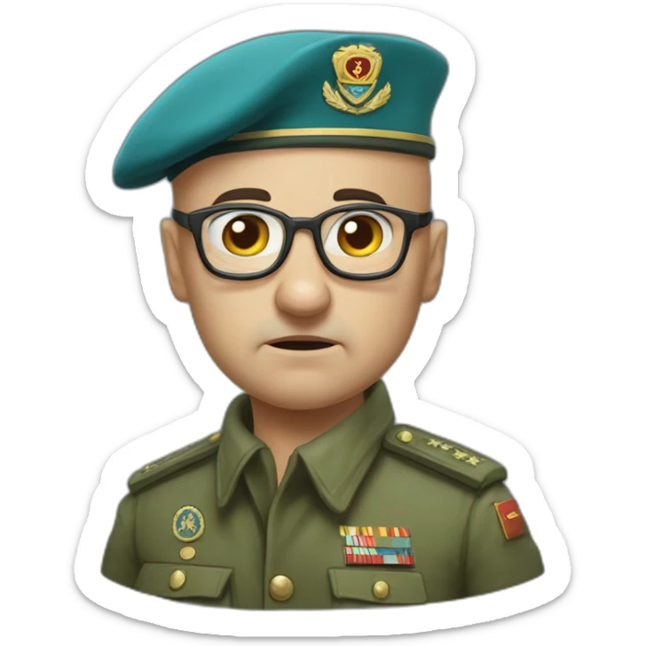 Realistic cyan beret bald very furious middle age general with glasses no hair furious very angry frown with khaki idf uniform sticker