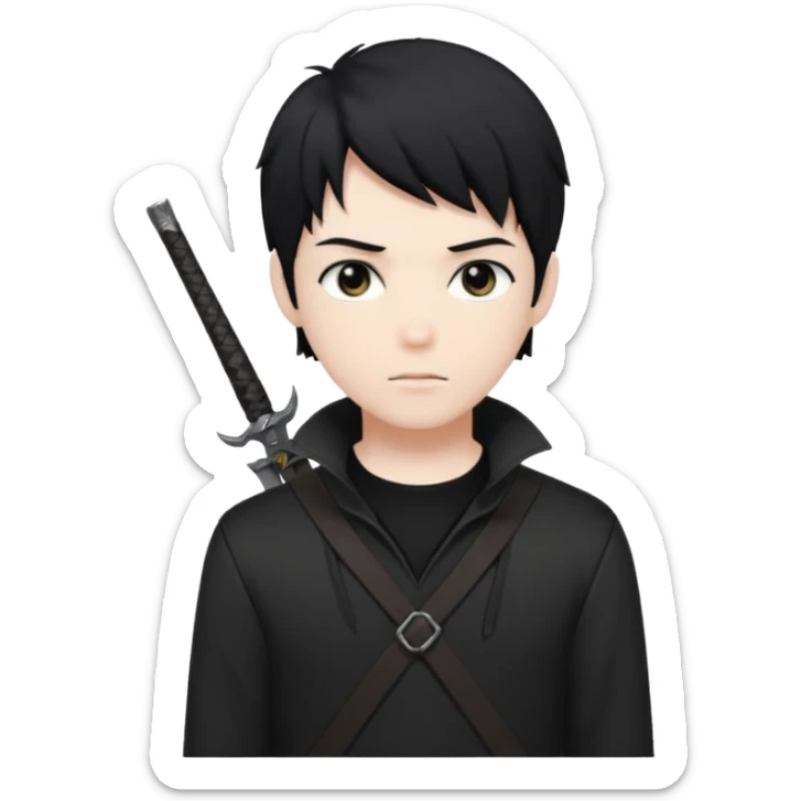 White male, black anime hair, black hunter eyes, black shirt sticker
