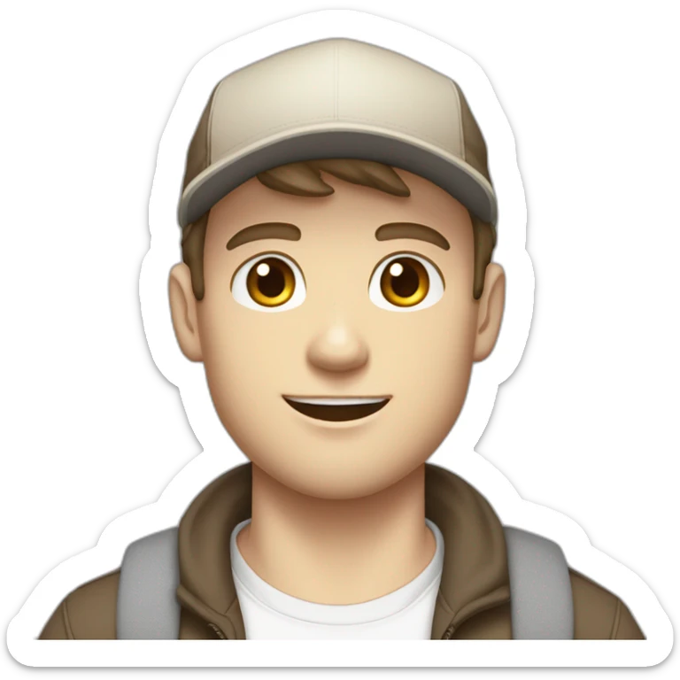 Pale skinned fit Man with dark brown hair in a beige cap, gray jeans, brown polo and white T-shirt keeping a pasted with tape white box into his hands sticker