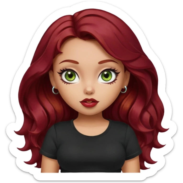 a pretty fair bratz girl with wavy dark red hair, wearing a black tee. eyeliner on, olive green eyes. Till stomach sticker