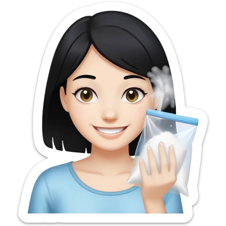 Black hair Girl smiling holding a clear plastic bag with white powder sticker