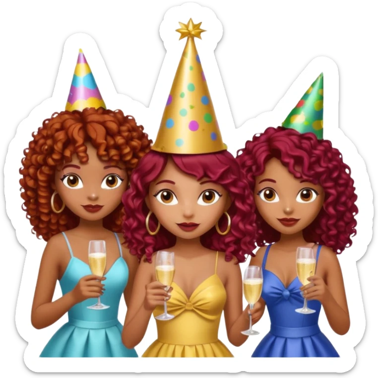 generate a pretty bratz brown skinned girl curly dark red hair at a party with friends sticker