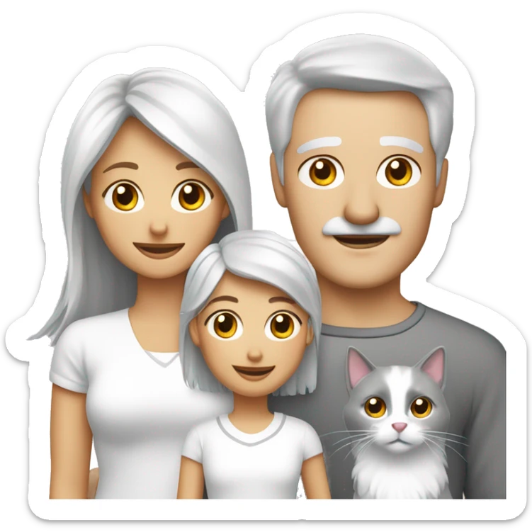 Family two brunette girls a blond mother and a grey haired father, all white. A spitz dog and a cat. sticker