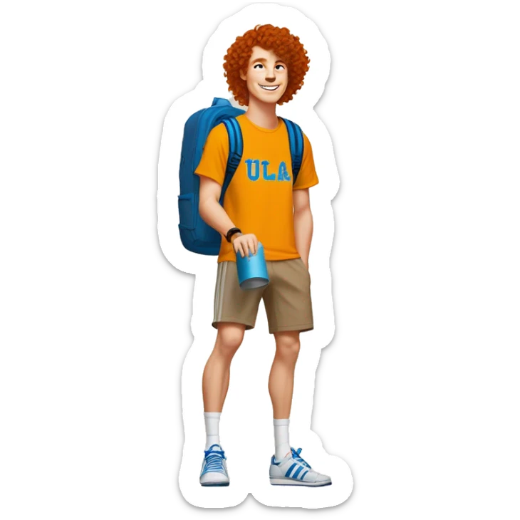 redhead with curly hair white college student guy wearing a UCLA shirt, brown shorts, and adidas samba shoes. He is holding an orange hydroflask   sticker
