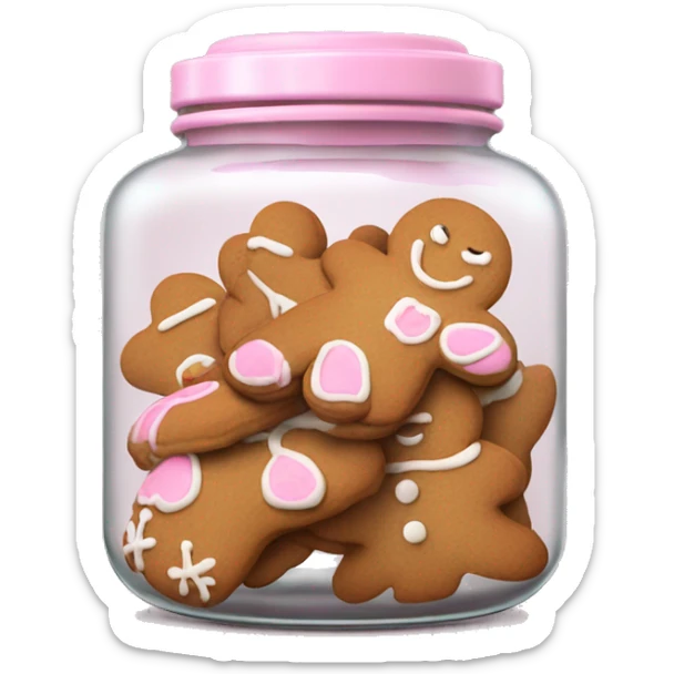 Realistic glass cookie jar with light pink lid full of gingerbread cookies isolated.  sticker