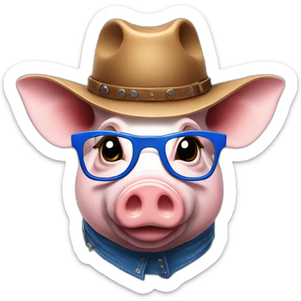 A pig with a cow boy's hat, with blue glasses and with a youtube logo in his chest sticker