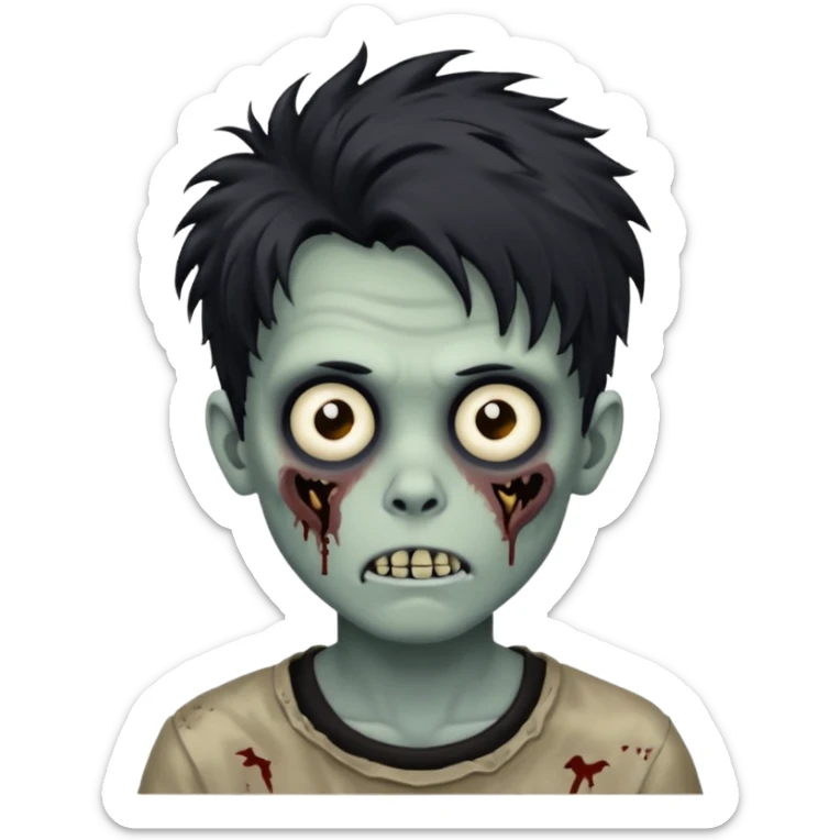 Zombie Boy with black large messy hair and teenager aparience, black background sticker