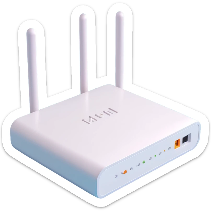 A 19-inch telecommunications router in a 3D style, using a color palette of three colors (5EC6F1/F9DCAF/353946) sticker