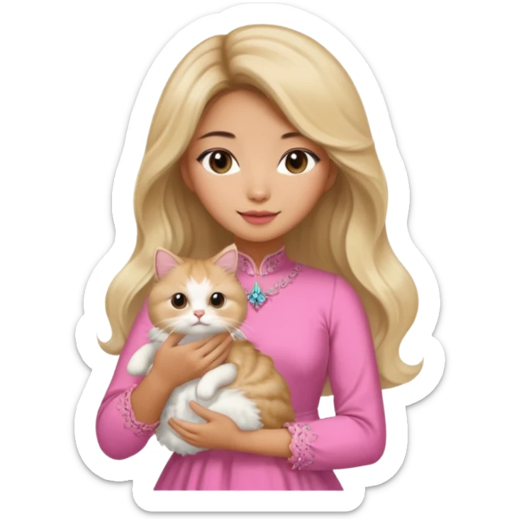 An Asian lady with long, voluminous, balayage hair, blonde highlights in a pink dress, holding a Persian cat  sticker