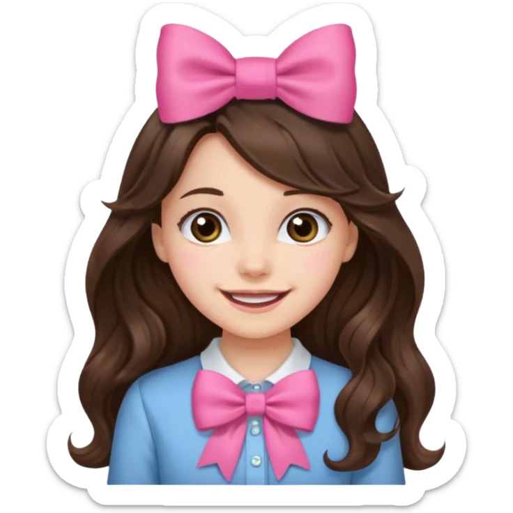 Brunette, long wavy hair, girl emotions and a pink bow sticker