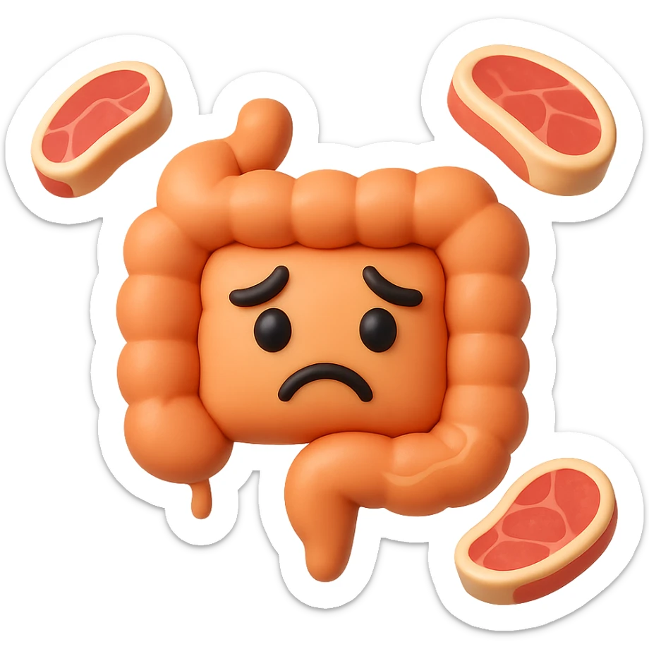 emoji stile iphone in 3d di un intestino triste con fette di carne che gli fluttuano intorno sticker