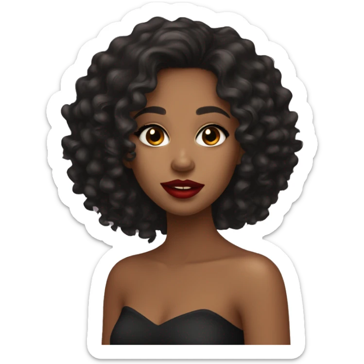 Brown Girl with curly black long hair and black eyes with red lipstick and eyeliner sticker
