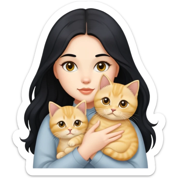 Beautiful girl with long black hair holding a cute golden British shorthair kitten in her arms sticker