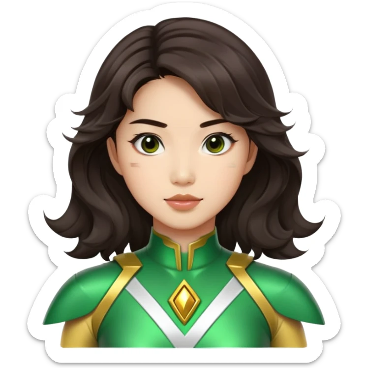 green Power Ranger Asian girl with dark brown wavy hair sticker