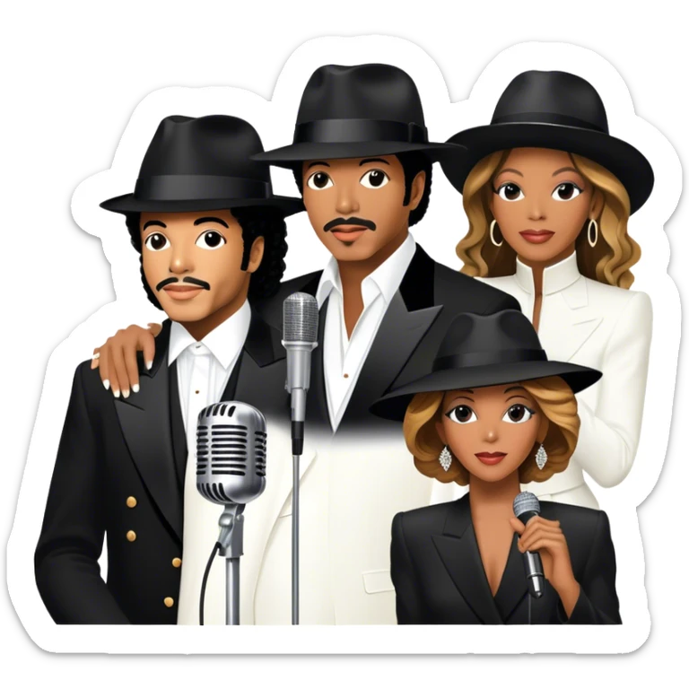 Icon for R&B Music: collage of iconic R&B artists—Michael Jackson, Beyoncé, Lionel Richie, Whitney Houston, and Barry White. Each artist represented by a silhouette or symbolic item (like a glove, microphone, or fedora). Transparent background. sticker