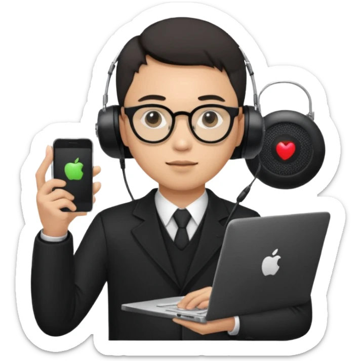 a asia man guy his 20s wearing an apple notebook, wearing bodyguard radio operator, round glasses, blAck clothes sticker