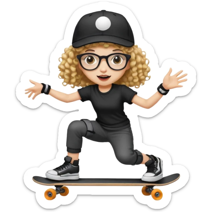 ["An excited girl with light skin, curly hair, wearing a baseball cap and square glasses, dressed in goth fashion, is skateboarding while holding a camera."] sticker