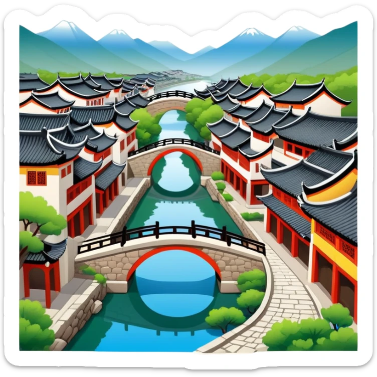 Lijiang Ancient Town Yunnan with canals and bridges, simplified emoji style with bold outlines and bright colors, cartoon style traditional Chinese old town sticker