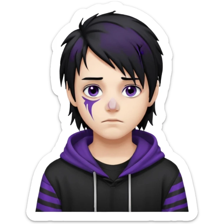 emo teen boy with long one-side messy black hair, dark hoodie with white and purple striped sleeves, piercings on his nose, dark eyeshadow sticker