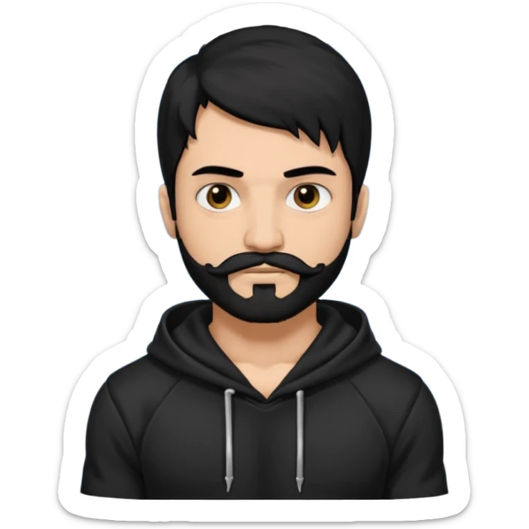 Man, hispanic skin, black hair, black beard, black mustache black eyes black t hoodie, small nose, long emo hair, muscular  sticker