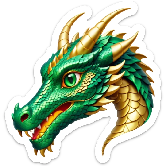 Cinematic Noble Dragon Portrait Emoji, Poised and majestic, with a sinuous, elongated body covered in intricately detailed, shimmering scales in hues of emerald and gold, and piercing, fiery eyes that reflect ancient wisdom; rendered with lifelike texture and natural highlights, high shine, intelligent and formidable, styled with an aura of mythic power, focused and attentive, soft glowing outline, capturing the essence of a legendary dragon that appears ready to soar out of the screen with timeless authority! sticker