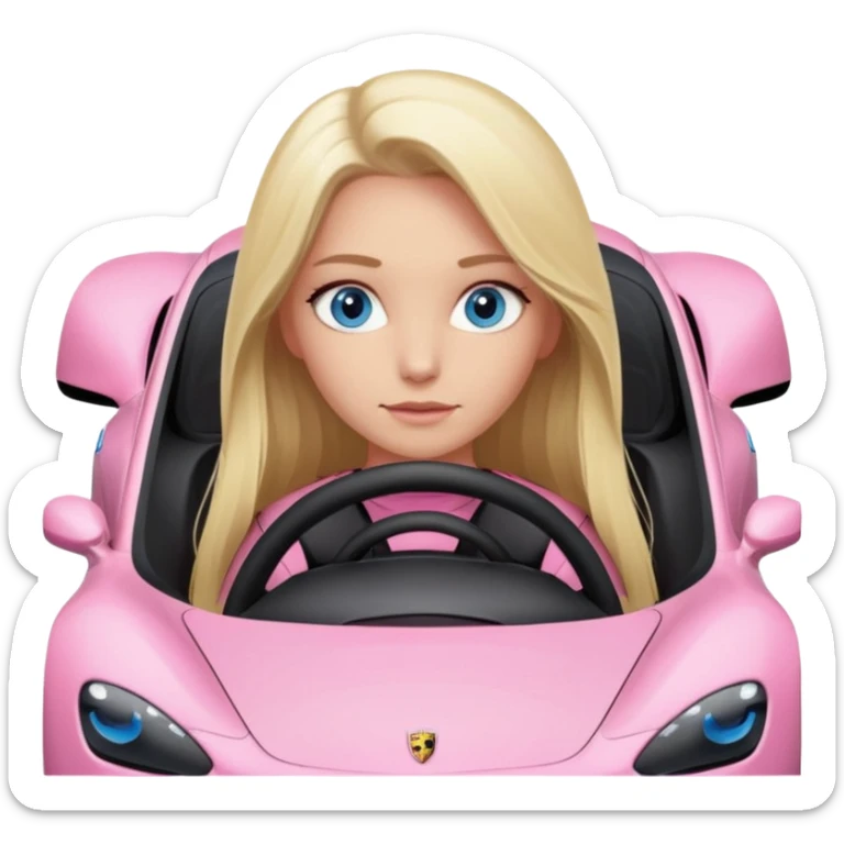 pink Porsche taycan with blonde girl, long hair, blue eyes, sitting in the car, front view point of view, no sunglasses sticker
