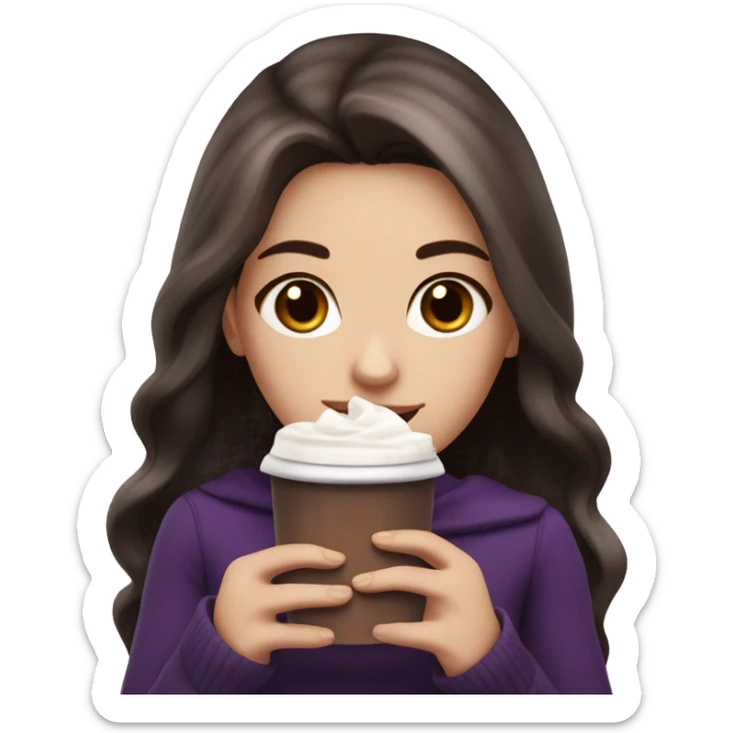 white girl with dark brown long hair with purple ombré and a hot chocolate sticker