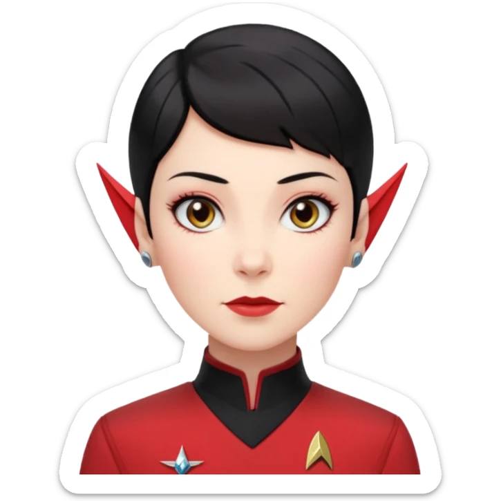 female Vulcan with short black hair in Starfleet red uniform (Star Trek) no green face sticker