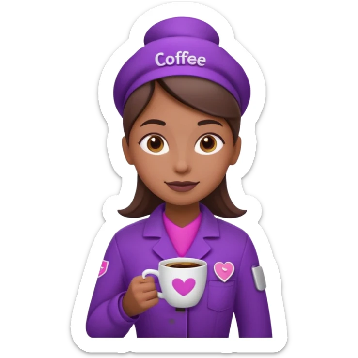 Create 3D minimalist emoji in the style of Coffee Lover — a coffee shop and roastery brand.
Style: cozy, warm.
Colors — purple-pink range.
barista with coffee
on the form it says Coffee Lover sticker