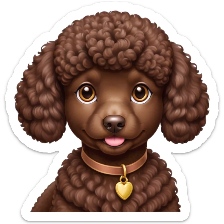 Cinematic Noble Chocolate Poodle Portrait Emoji, Poised and regal, with a refined, elegant build and a meticulously groomed, curly chocolate Fur, deep-set soulful brown eyes, Simplified yet sharp and sophisticated features, highly detailed, glowing with a soft, dignified glow, high shine, intelligent and graceful, stylized with an air of sophistication, focused and attentive, soft glowing outline, capturing the essence of a watchful and confident companion, so majestic it feels as though it could prance out of the screen with effortless authority! sticker