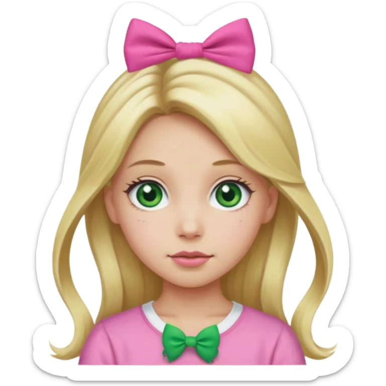 blonde girl long hair middle part, green eyes, pink bow and scrunchie sticker