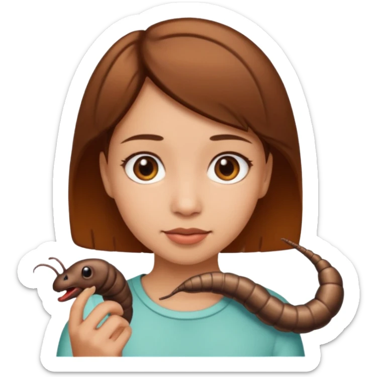 a girl light skin with brown eyes, brown short hair and a worm sticker