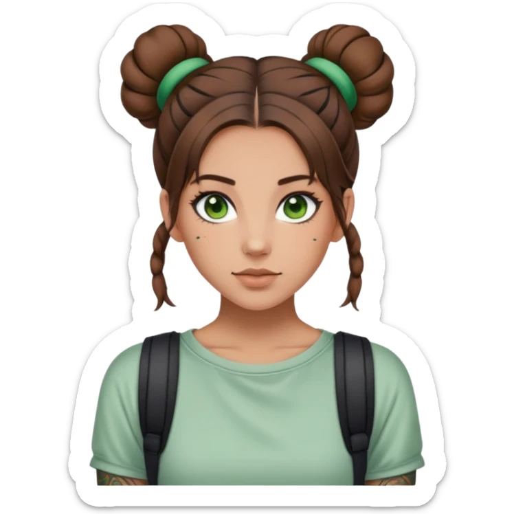 Me, im a 27 year old girl with shoulder length brown hair half up in space buns with green eyes and tattoos, wearing a casual outfit sticker